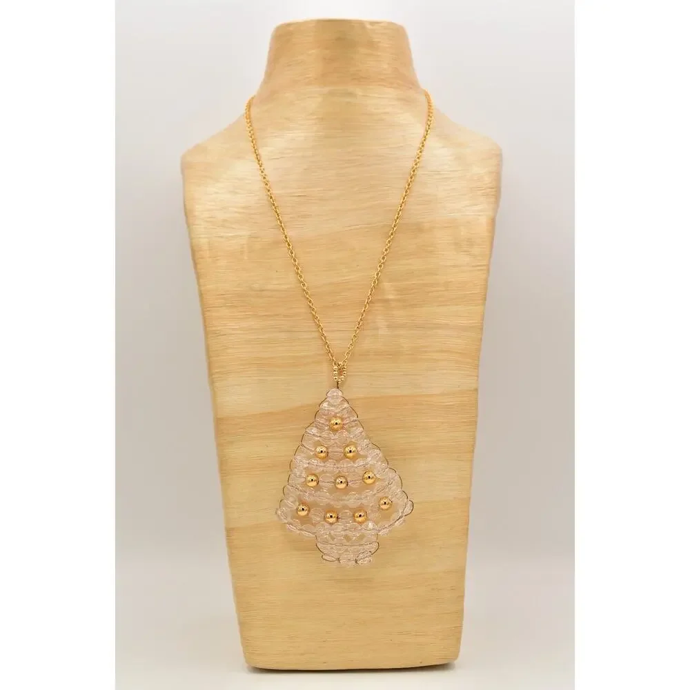 Vintage Beaded Christmas Tree Pendant Necklace Lucite Beaded Clear 1990s BinBD